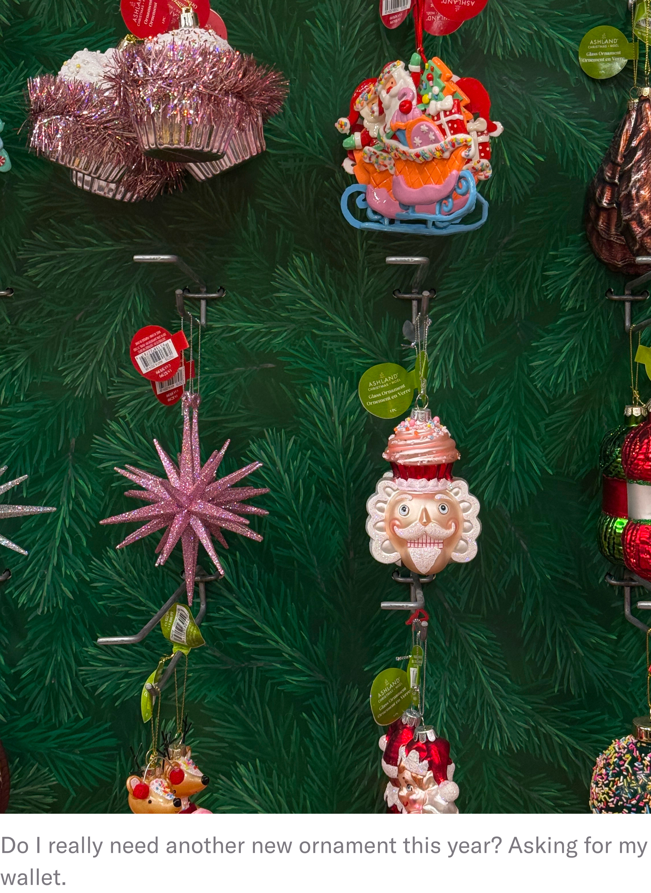 overpriced ornaments on a holiday tree