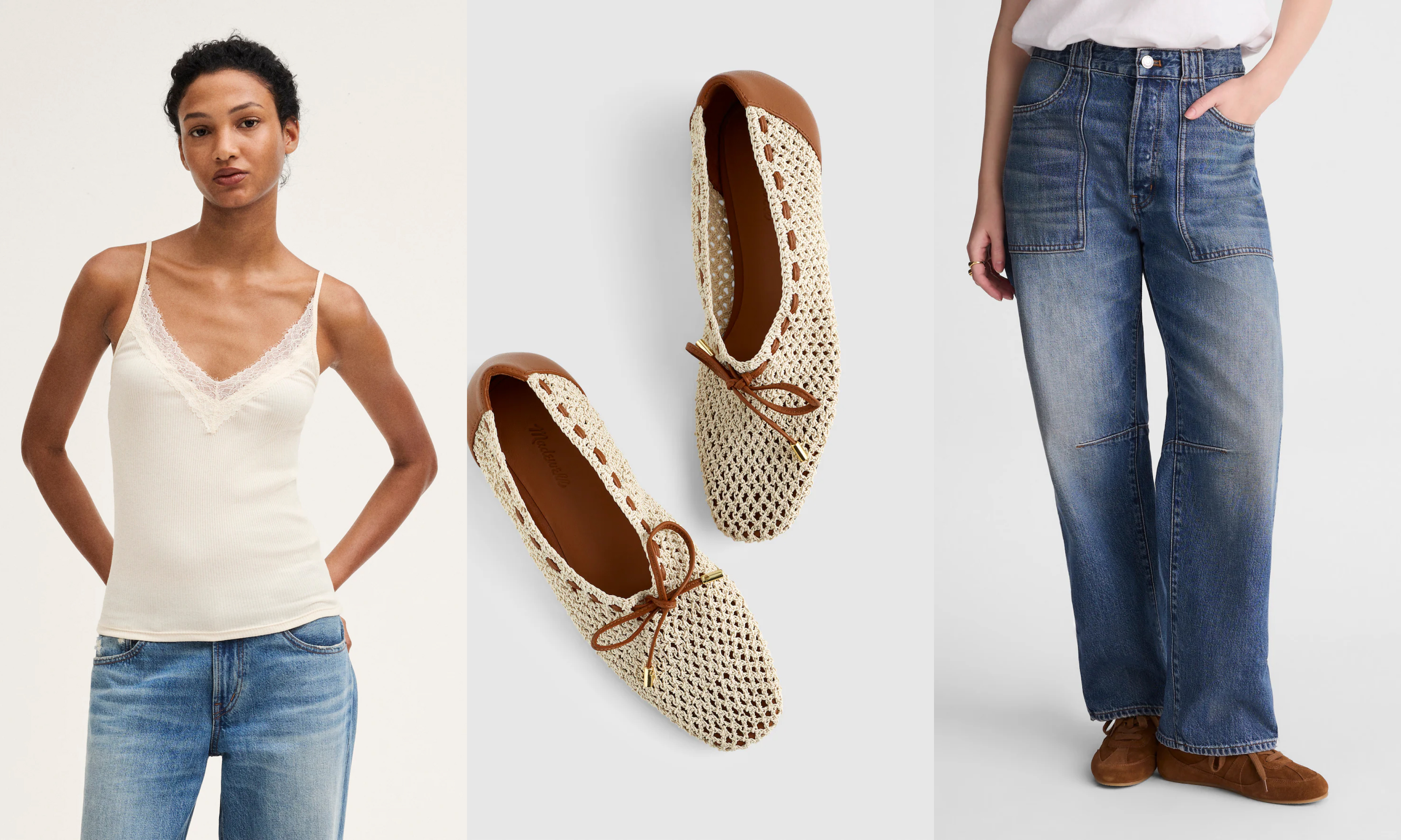 camisole, ballet flats, barrel jeans