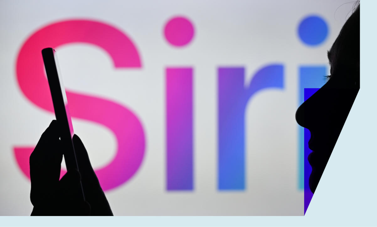 An image of a woman holding a cell phone in front of the Siri logo.