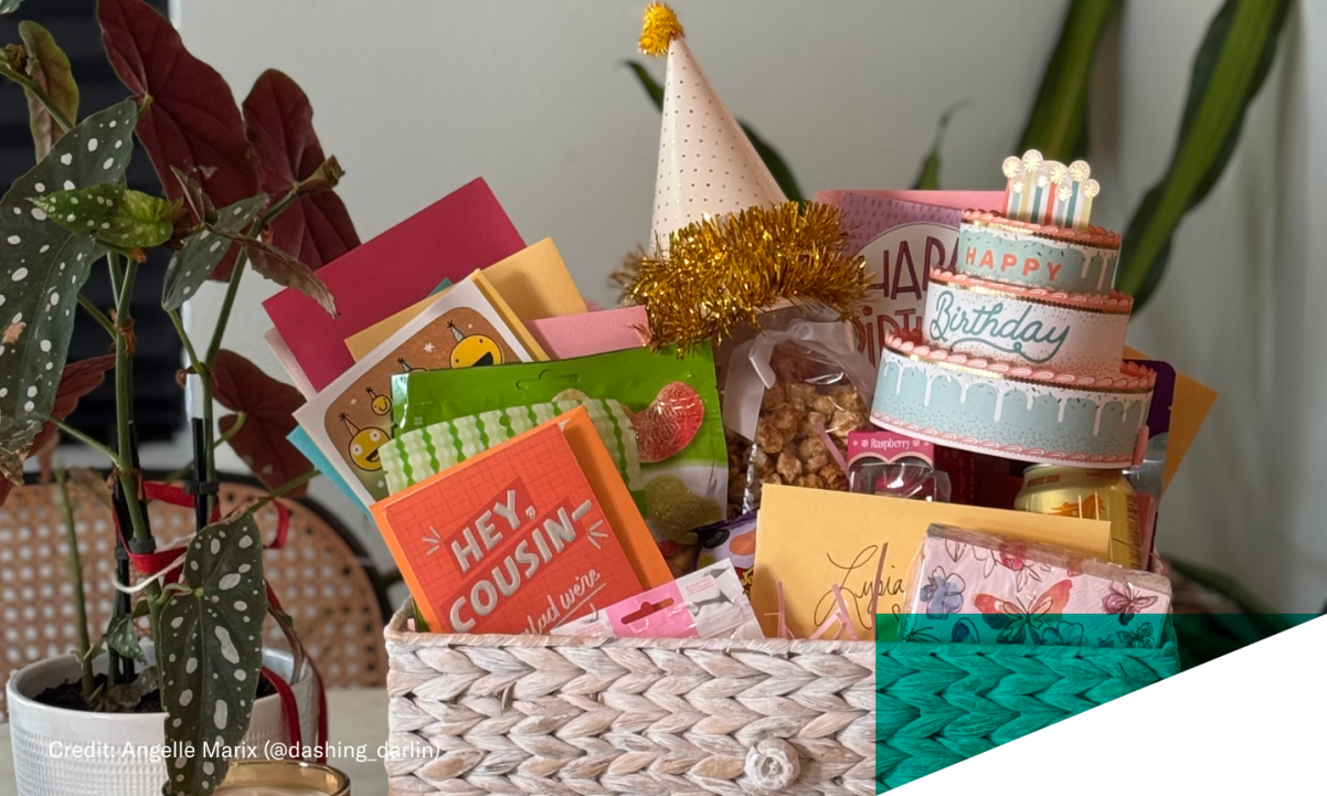 basket with cards and birthday decor