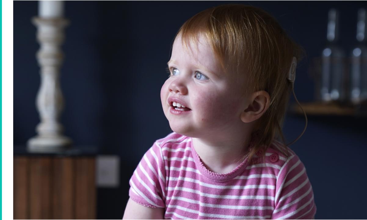 Opal Sandy, who was born completely deaf because of a rare genetic condition, and can now hear unaided for the first time after receiving ground-breaking gene therapy at 11-months-old, at her home in Eynsham, Oxfordshire