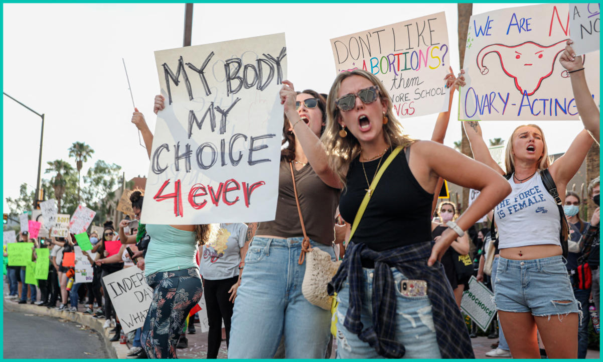 Abortion rights protesters chant during a Pro Choice rally at the Tucson Federal Courthouse in Tucson, Arizona on Monday, July 4, 2022. 