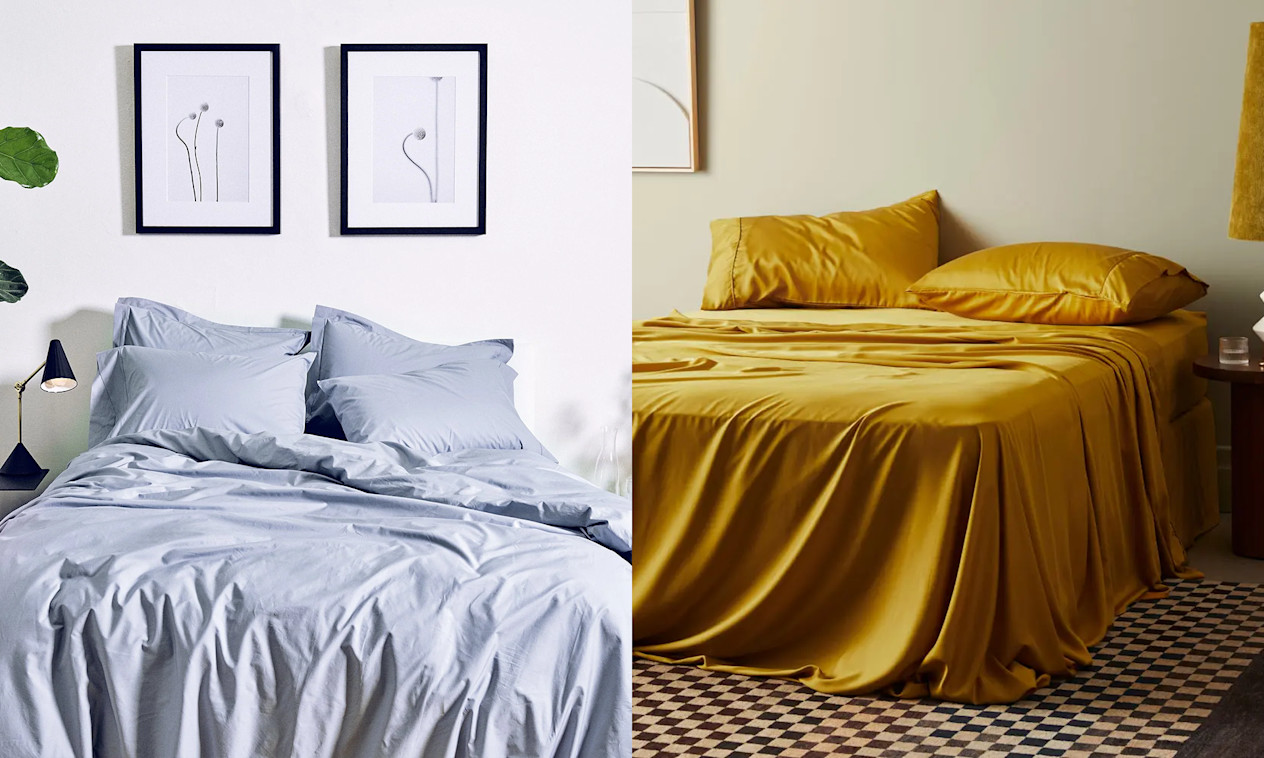 Wrinkled blue sheet set; satin marigold sheet set