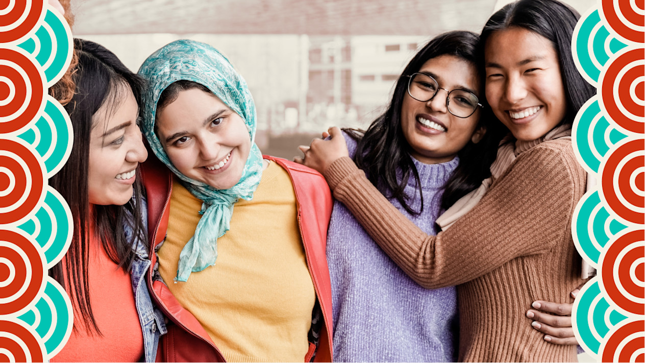 Several APIDA (Asian Pacific Islander Desi American) women embrace.