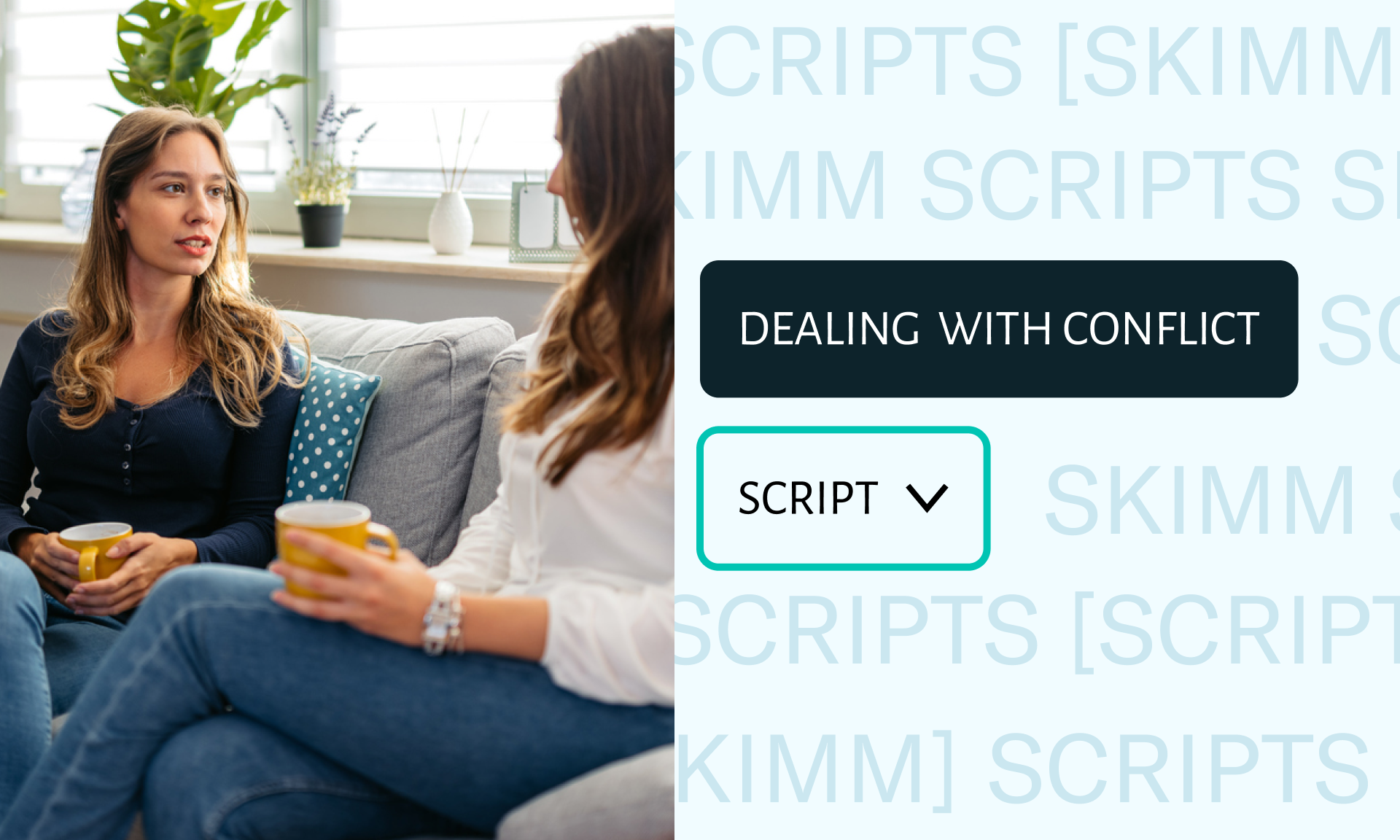 Two women holding mugs having a conversation on a couch