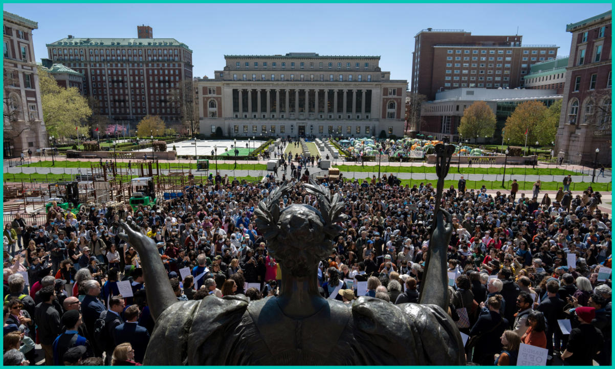 A pro-Palestine rally is held at the steps of Lowe Library on the grounds of Columbia University on April 22, 2024