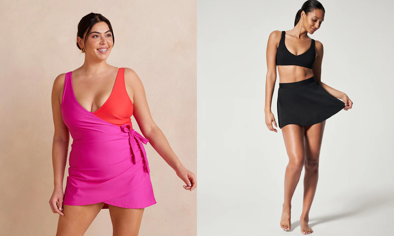 Woman in pink and red swimsuit with pink swim skirt; woman in black bikini top with black swim skirt